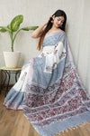 HAND BLOCK BLACK & WHITE PRINTED COTTON LINEN SAREE WITH BLOUSE(LCS134)