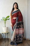 HAND BLOCK BLACK & WHITE PRINTED COTTON LINEN SAREE WITH BLOUSE(LCS121)