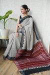 HAND BLOCK BLACK & WHITE PRINTED COTTON LINEN SAREE WITH BLOUSE(LCS139)