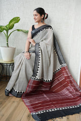 HAND BLOCK BLACK & WHITE PRINTED COTTON LINEN SAREE WITH BLOUSE(LCS139)