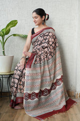 HAND BLOCK BLACK & WHITE PRINTED COTTON LINEN SAREE WITH BLOUSE(LCS141)