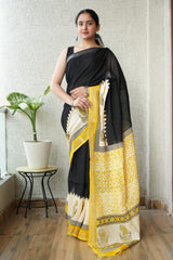 HAND BLOCK BLACK & WHITE PRINTED COTTON LINEN SAREE WITH BLOUSE(LCS150)