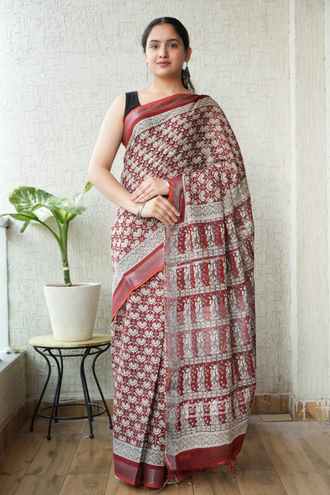 HAND BLOCK BLACK & WHITE PRINTED COTTON LINEN SAREE WITH BLOUSE(LCS151)
