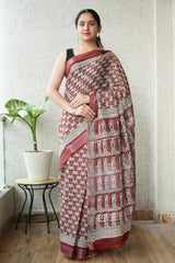 HAND BLOCK BLACK & WHITE PRINTED COTTON LINEN SAREE WITH BLOUSE(LCS151)