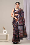 HAND BLOCK BLACK & WHITE PRINTED COTTON LINEN SAREE WITH BLOUSE(LCS161)