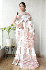 HAND BLOCK BLACK & WHITE PRINTED COTTON LINEN SAREE WITH BLOUSE(LCS163)