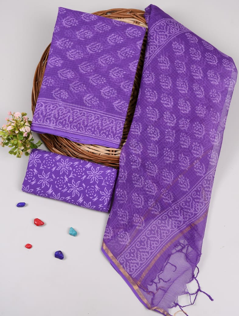 HAND BLOCK PRINTED KOTA DORIYA SUIT WITH KOTA DORIYA DUPPATA (FKS84)