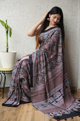 HAND BLOCK PRINTED AJRAKH MODAL SILK SAREE (CIG64)