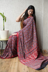 HAND BLOCK PRINTED AJRAKH MODAL SILK SAREE (CIG59)