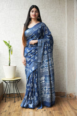 HAND BLOCK BLACK & WHITE PRINTED COTTON LINEN SAREE WITH BLOUSE(LCS167)