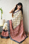 HAND BLOCK BLACK & WHITE PRINTED COTTON LINEN SAREE WITH BLOUSE(LCS169)