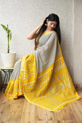HAND BLOCK BLACK & WHITE PRINTED COTTON LINEN SAREE WITH BLOUSE(LCS170)