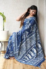 HAND BLOCK BLACK & WHITE PRINTED COTTON LINEN SAREE WITH BLOUSE(LCS171)