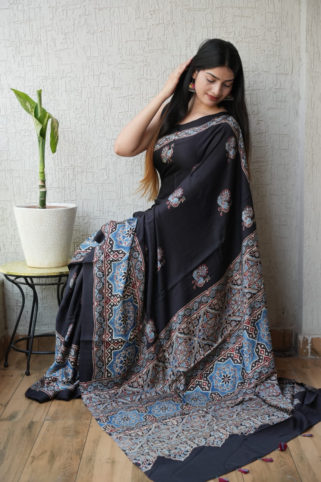HAND BLOCK PRINTED AJRAKH MODAL SILK SAREE (CIG78)
