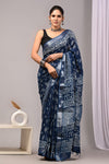 HAND BLOCK BLACK & WHITE PRINTED COTTON LINEN SAREE WITH BLOUSE(LCS175)