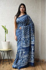 HAND BLOCK BLACK & WHITE PRINTED COTTON LINEN SAREE WITH BLOUSE(LCS177)