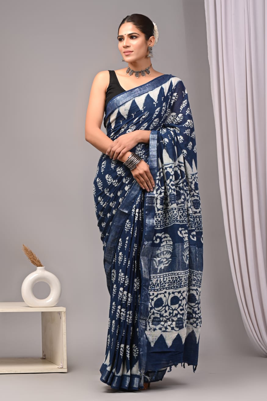 HAND BLOCK BLACK & WHITE PRINTED COTTON LINEN SAREE WITH BLOUSE(LCS179)