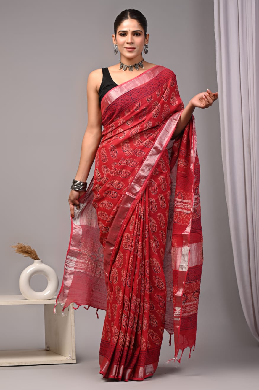 HAND BLOCK BLACK & WHITE PRINTED COTTON LINEN SAREE WITH BLOUSE(LCS180)