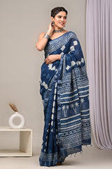 HAND BLOCK BLACK & WHITE PRINTED COTTON LINEN SAREE WITH BLOUSE(LCS181)