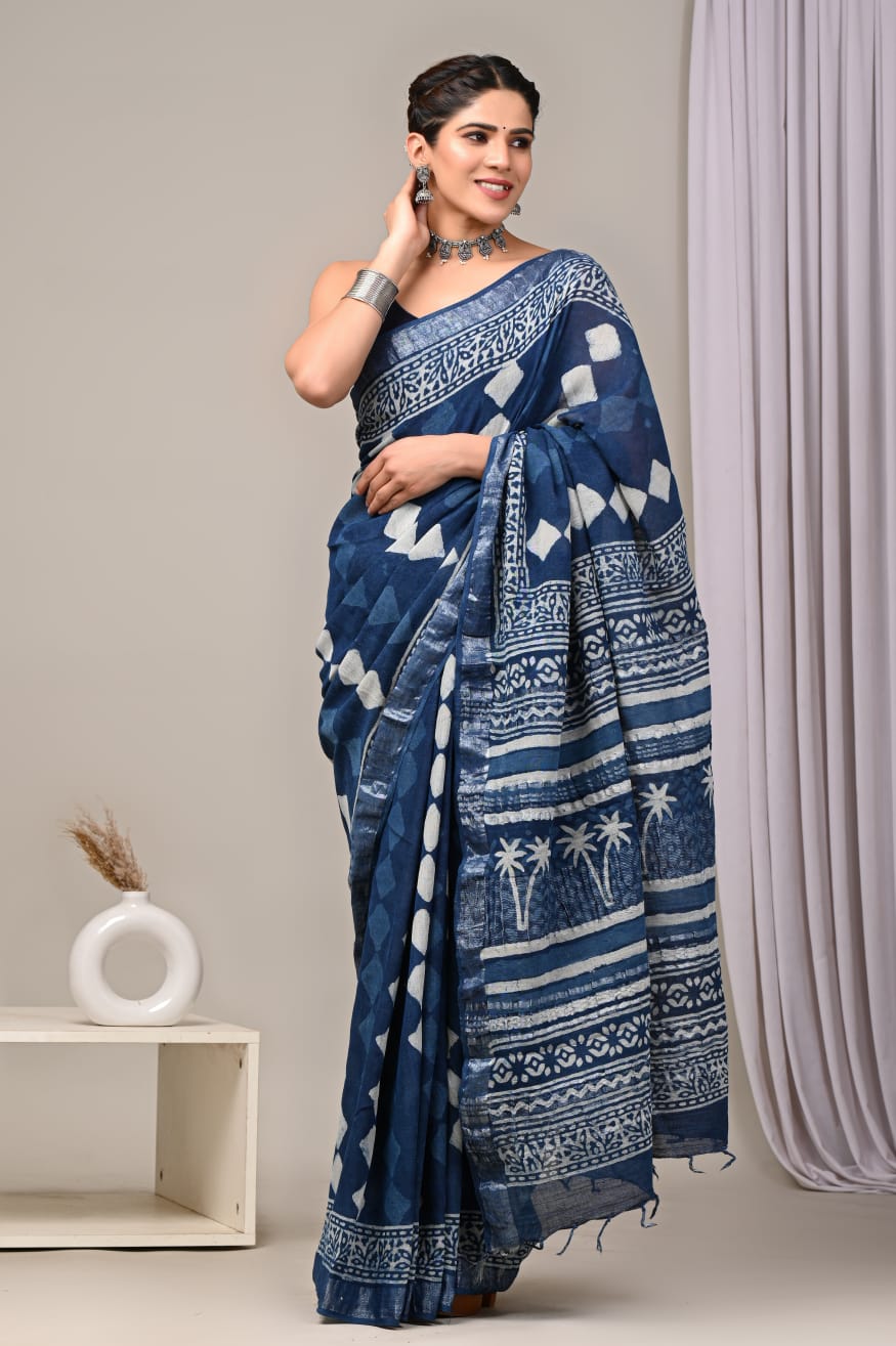 HAND BLOCK BLACK & WHITE PRINTED COTTON LINEN SAREE WITH BLOUSE(LCS181)