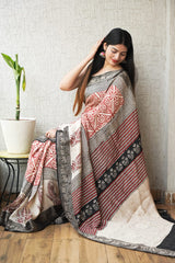 AJRAKH PRINTED PURE DOLA SILK SAREE WITH BLOUSE (MS49)
