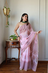 Hand Brush Painted Chiffon Saree with Blouse ( CIA44)