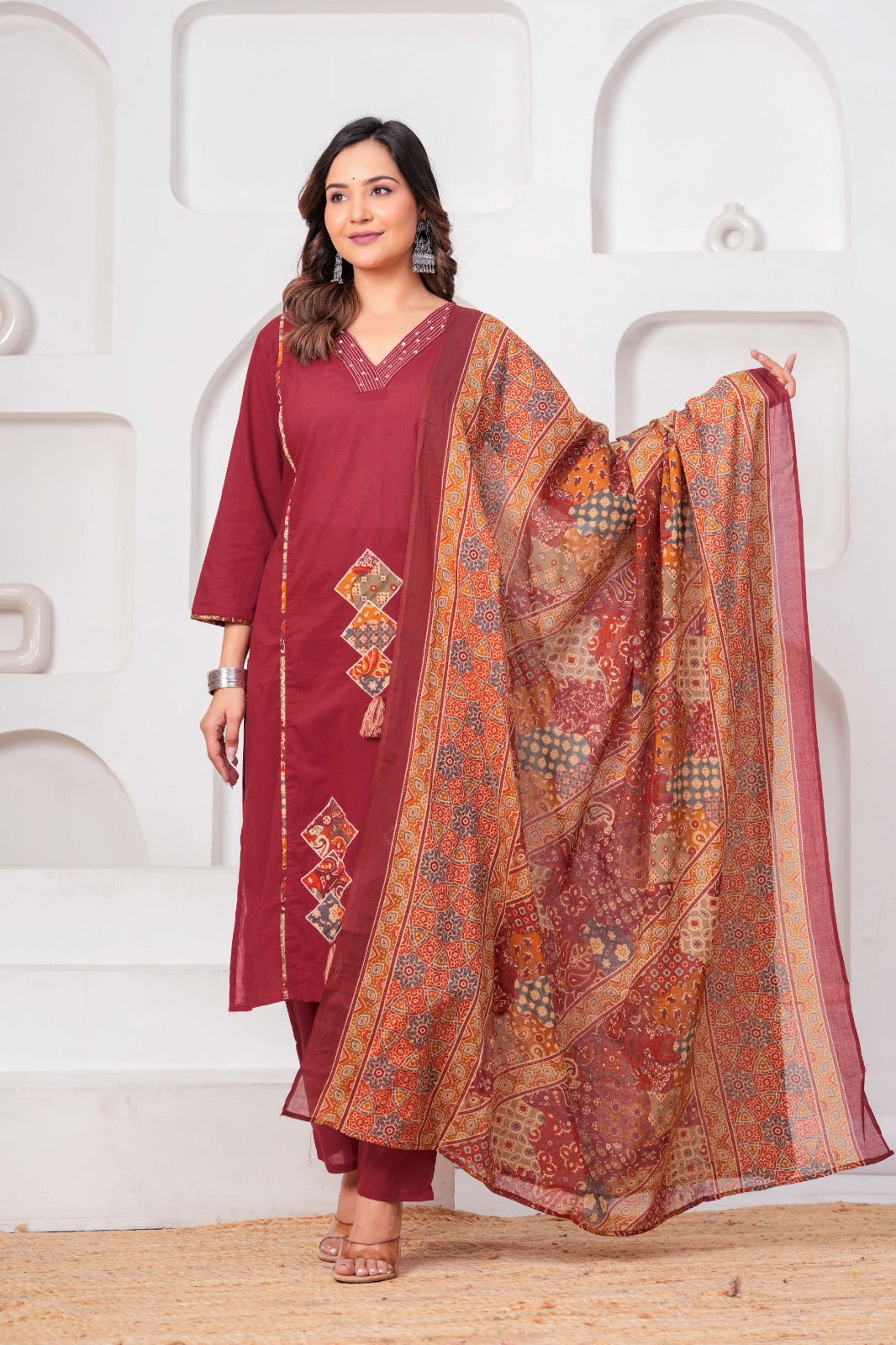 Maroon Pure Cotton Printed Suit Set with Dupatta