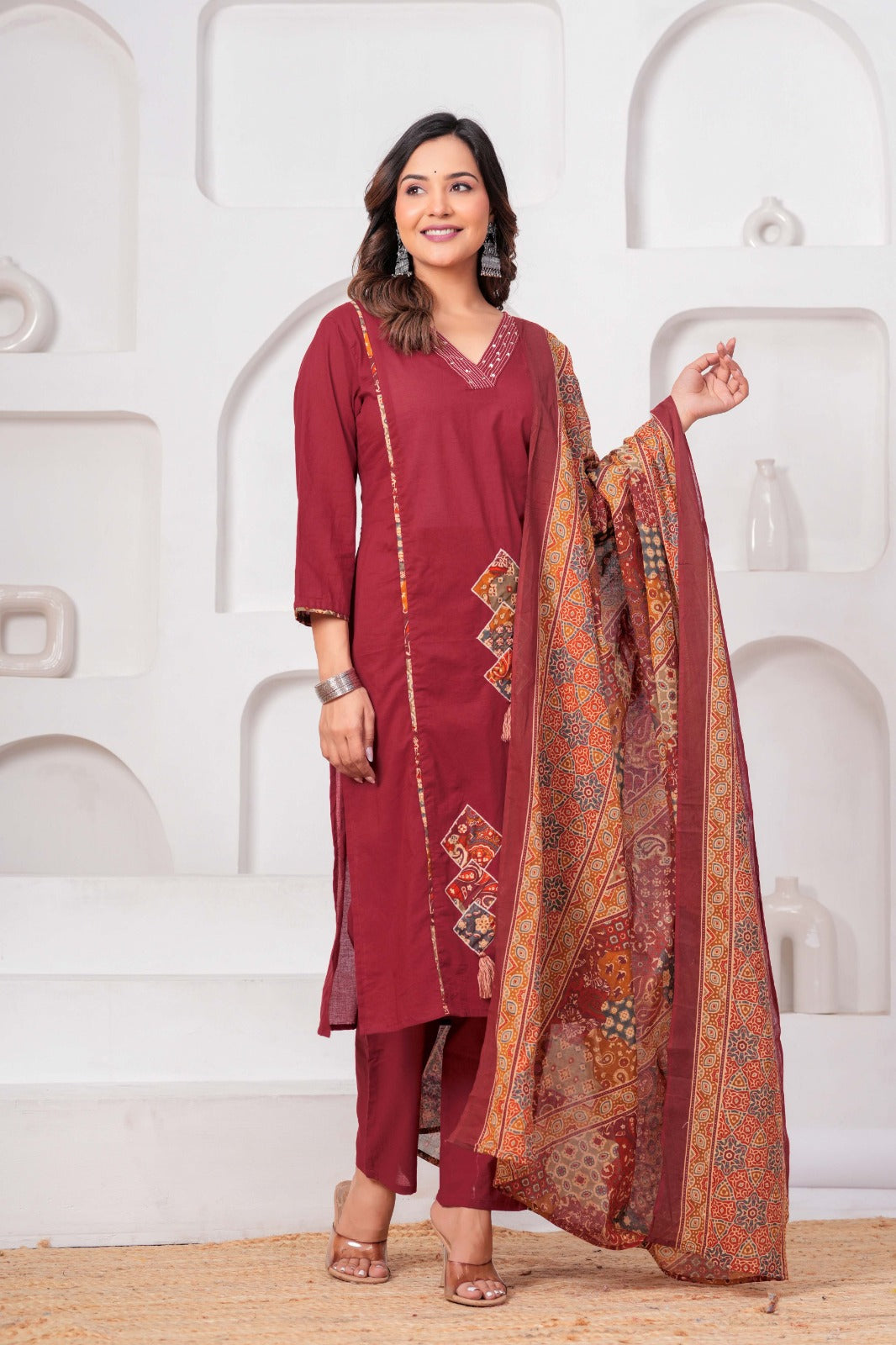 Maroon Pure Cotton Printed Suit Set with Dupatta