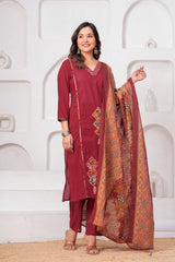 Maroon Pure Cotton Printed Suit Set with Dupatta