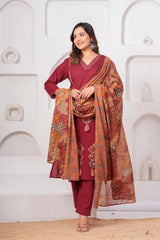 Maroon Pure Cotton Printed Suit Set with Dupatta