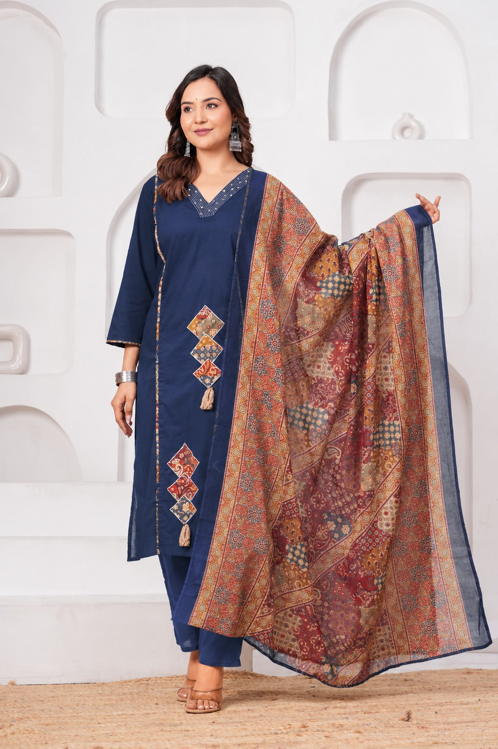 Navy Blue Pure Cotton Printed Suit Set with Dupatta