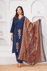 Navy Blue Pure Cotton Printed Suit Set with Dupatta