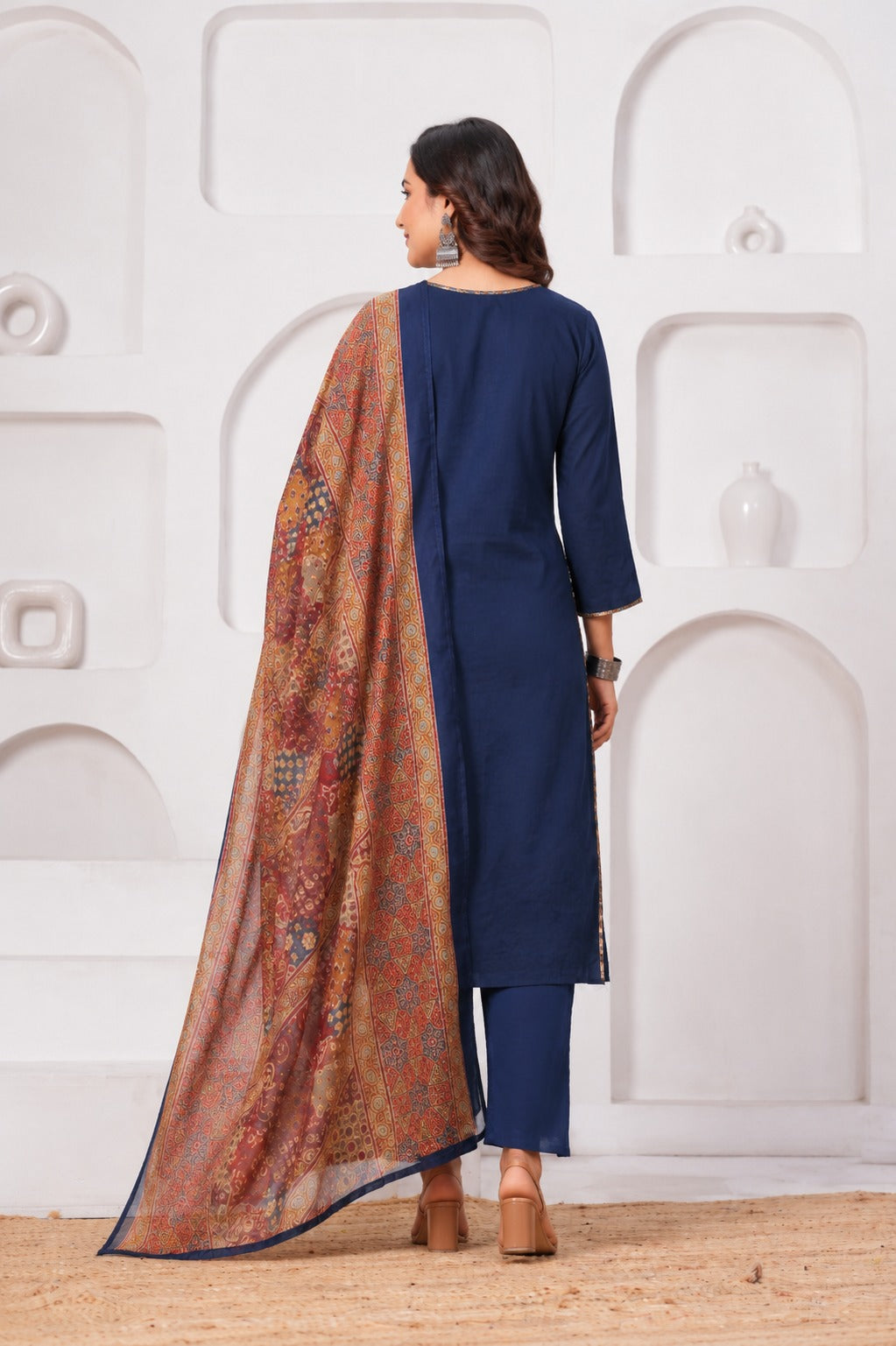 Navy Blue Pure Cotton Printed Suit Set with Dupatta