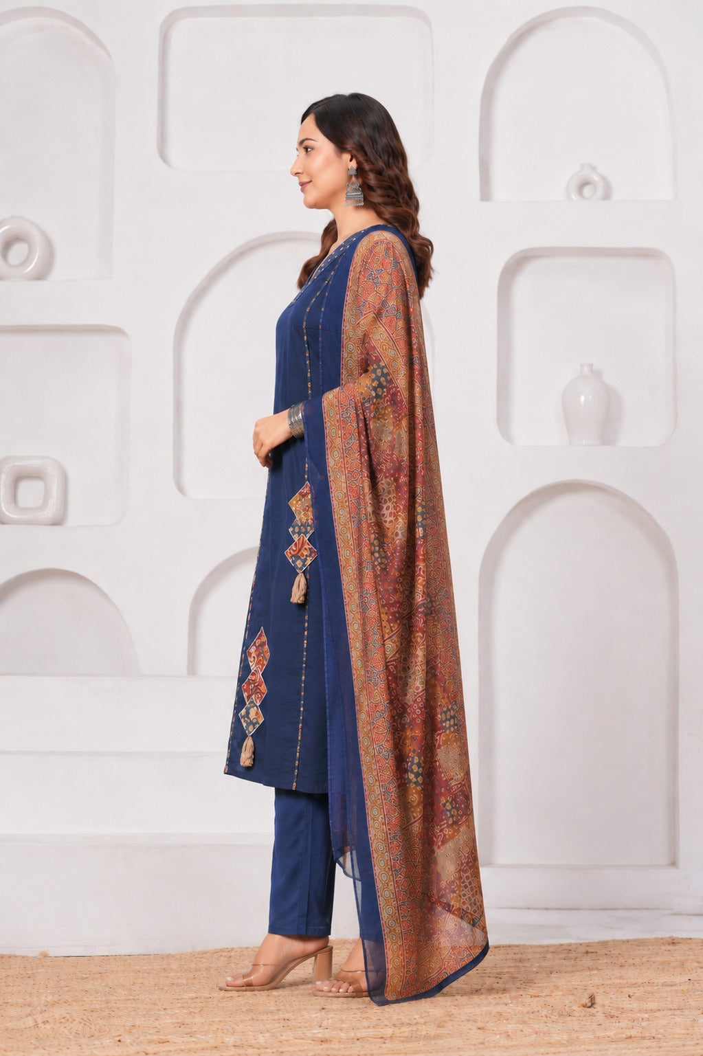 Navy Blue Pure Cotton Printed Suit Set with Dupatta
