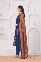 Navy Blue Pure Cotton Printed Suit Set with Dupatta