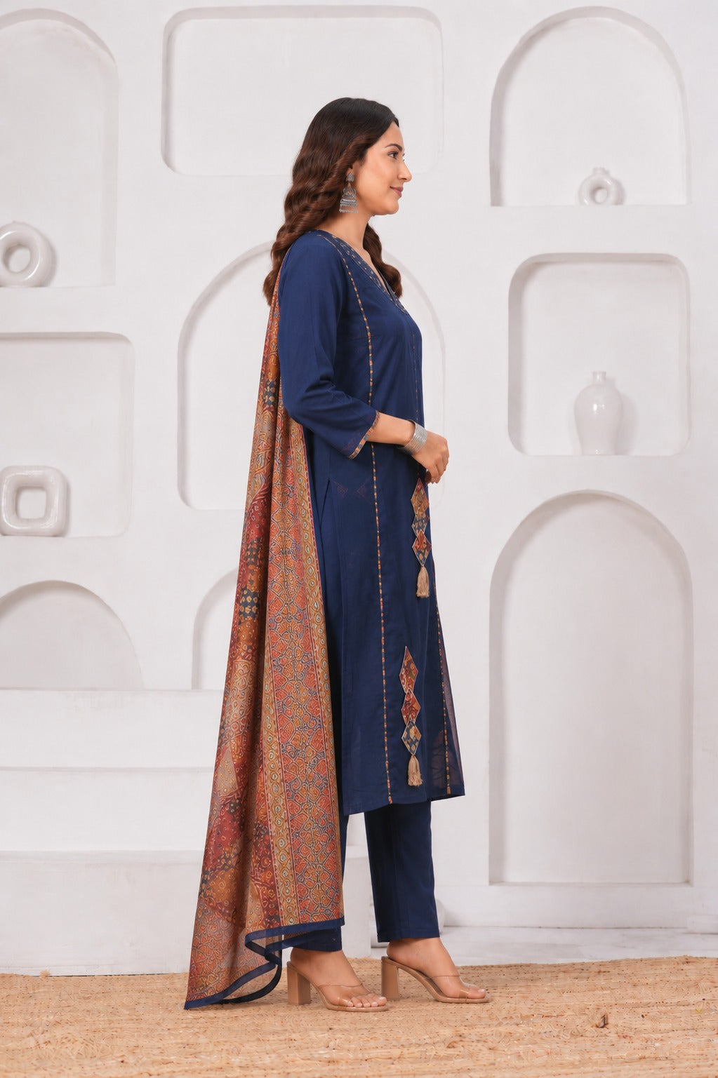 Navy Blue Pure Cotton Printed Suit Set with Dupatta
