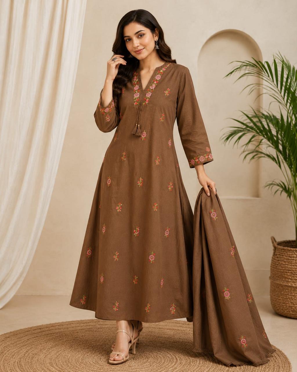 Brown Pure Cotton Embroidered Suit Set with Dupatta