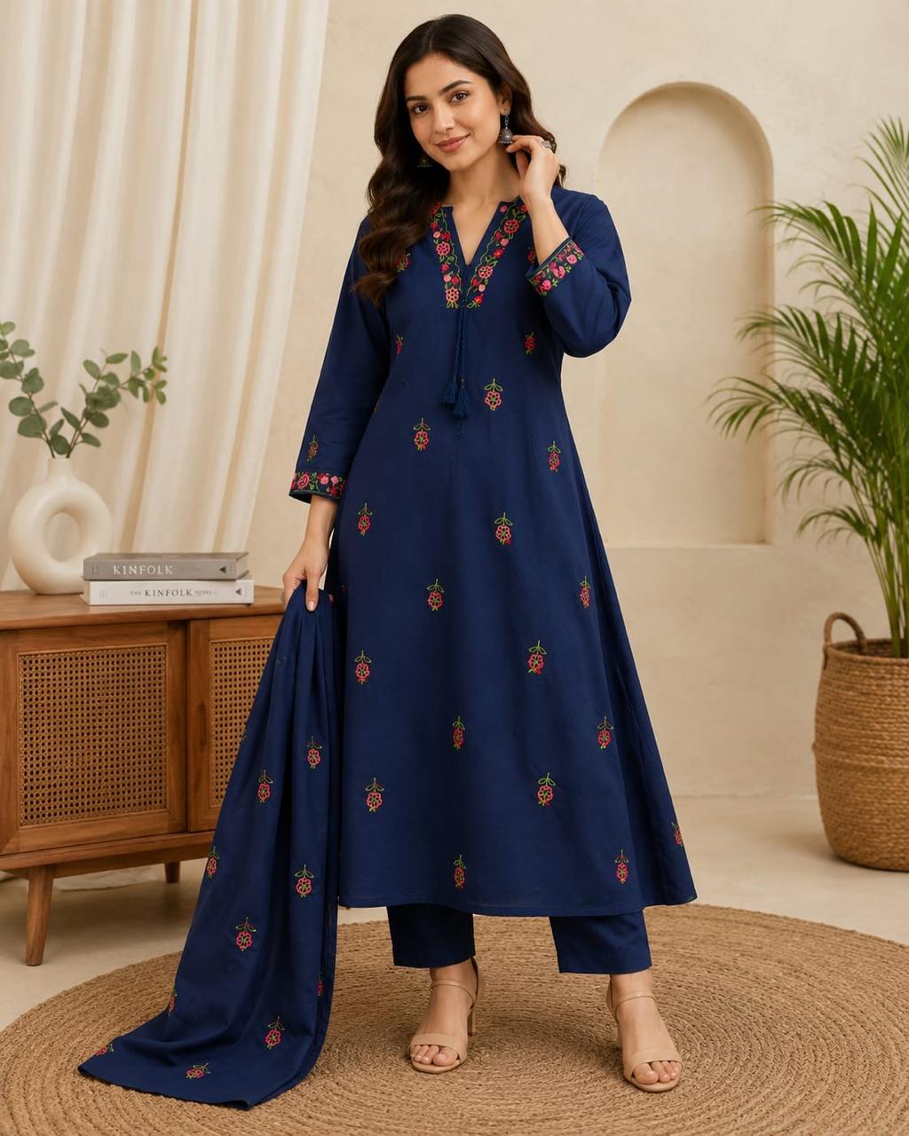 Navy Blue Pure Cotton Embroidered Suit Set with Dupatta