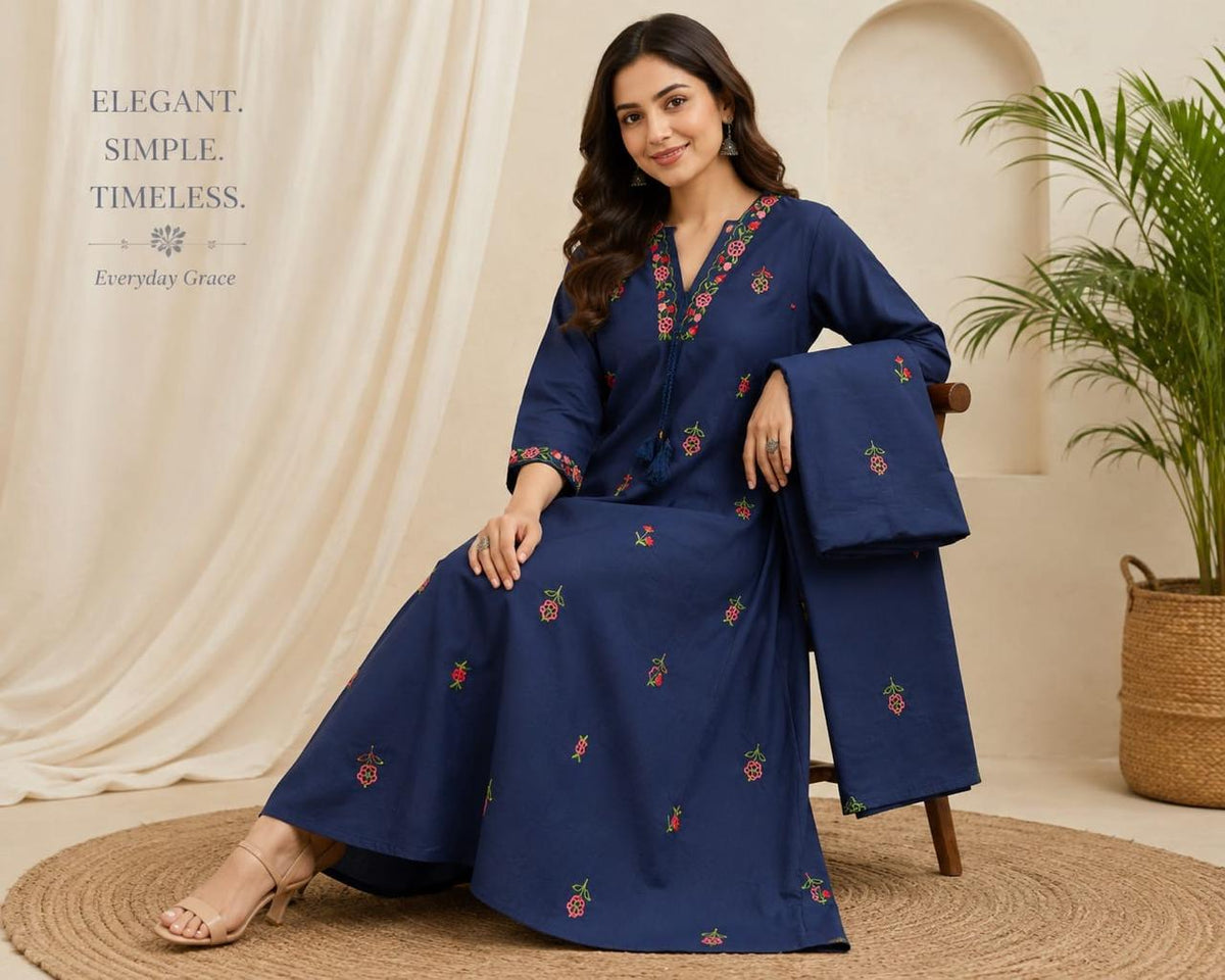 Navy Blue Pure Cotton Embroidered Suit Set with Dupatta
