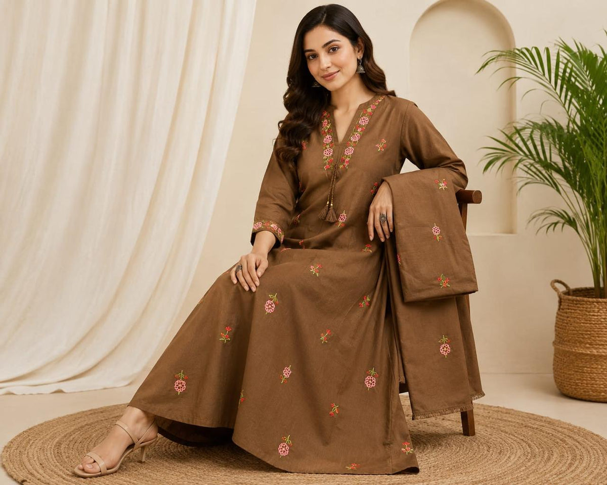 Brown Pure Cotton Embroidered Suit Set with Dupatta