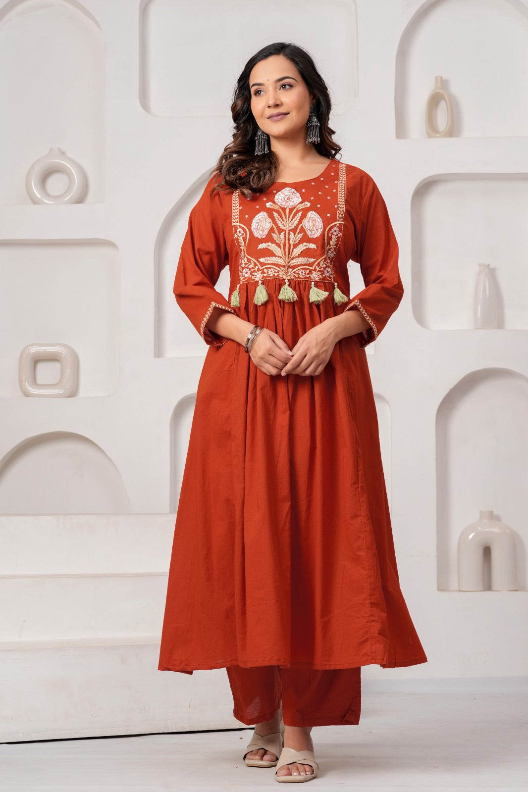 Rust Orange Embroidered Cotton Kurta Set with Pant