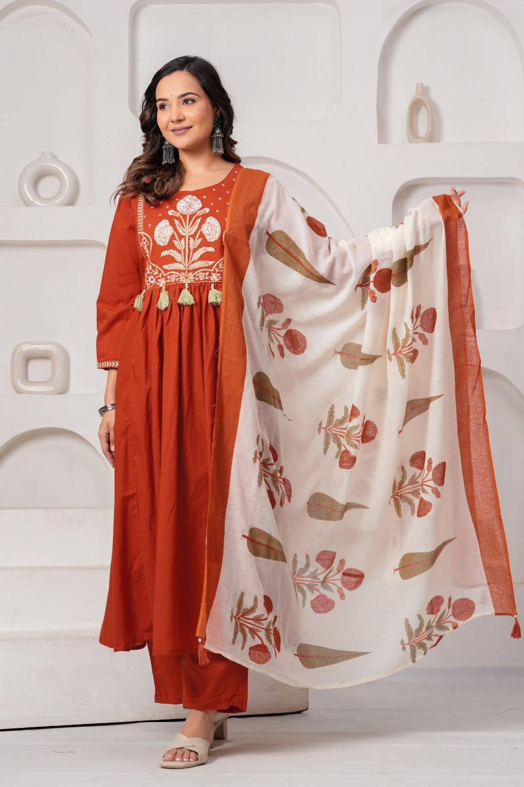 Rust Orange Embroidered Cotton Kurta Set with Pant