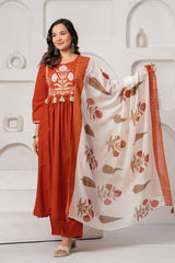 Rust Orange Embroidered Cotton Kurta Set with Pant