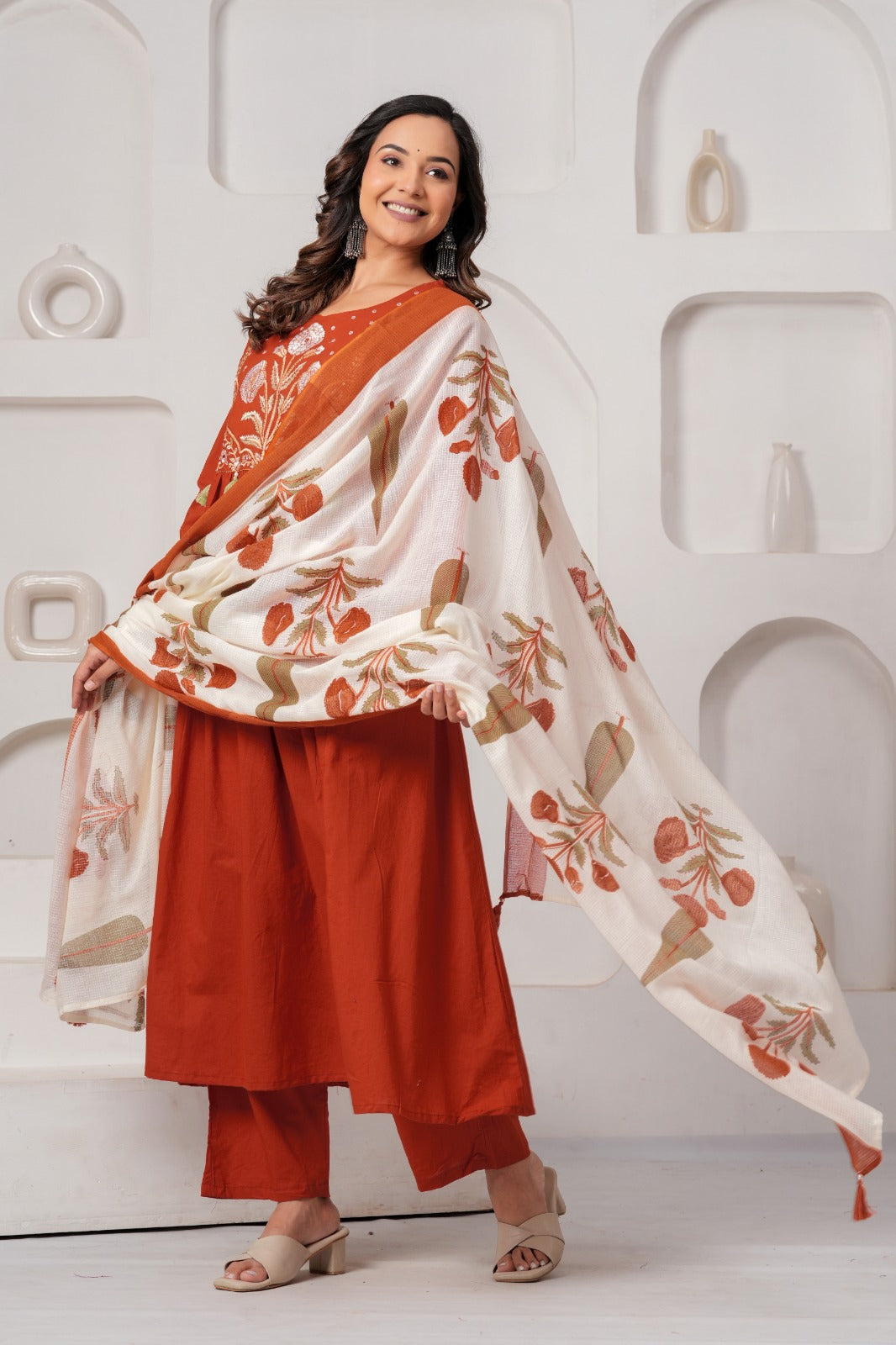 Rust Orange Embroidered Cotton Kurta Set with Pant