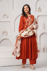Rust Orange Embroidered Cotton Kurta Set with Pant
