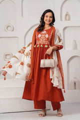 Rust Orange Embroidered Cotton Kurta Set with Pant