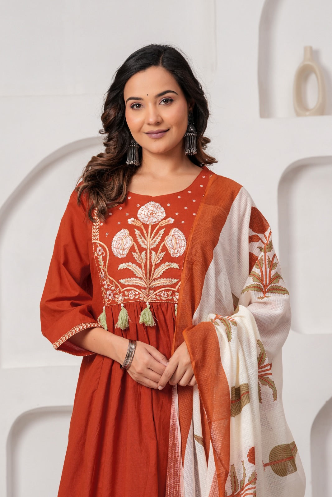 Rust Orange Embroidered Cotton Kurta Set with Pant