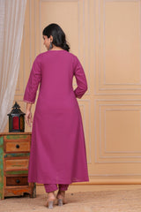 Magenta Pure Cotton Embroidered Kurta Set with Dupatta