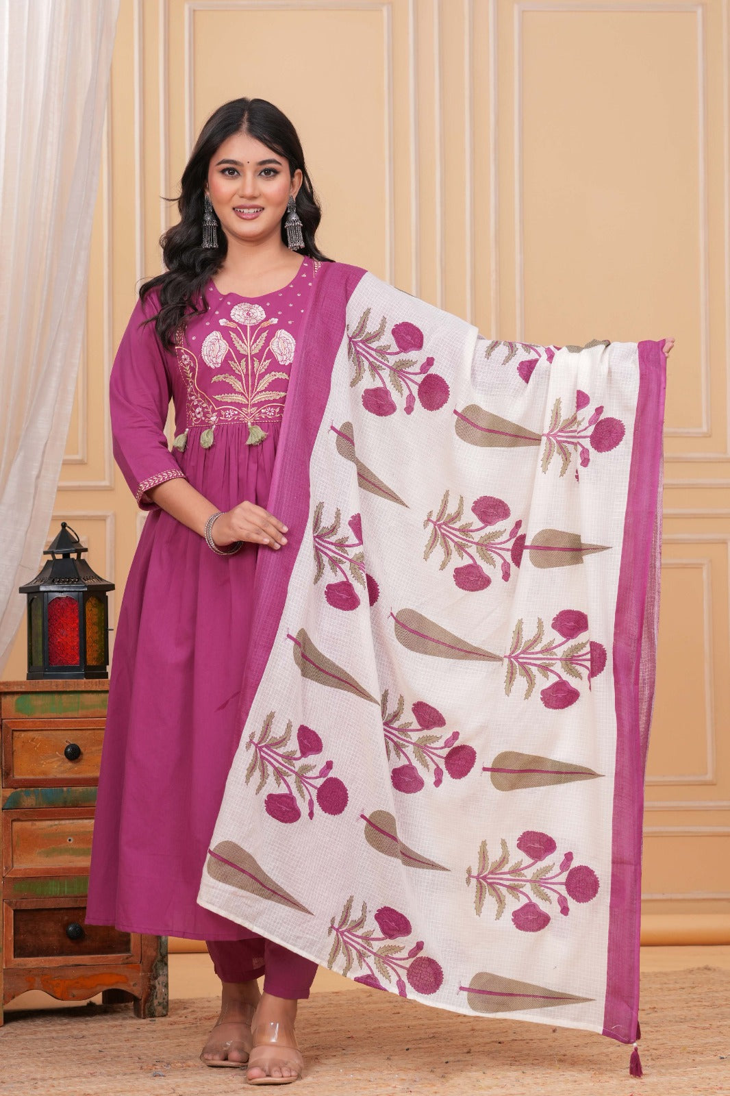 Magenta Pure Cotton Embroidered Kurta Set with Dupatta