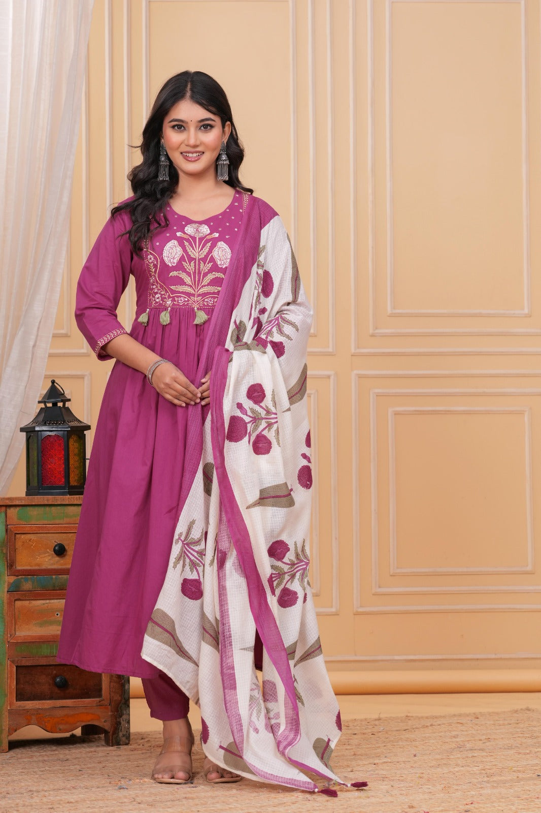 Magenta Pure Cotton Embroidered Kurta Set with Dupatta